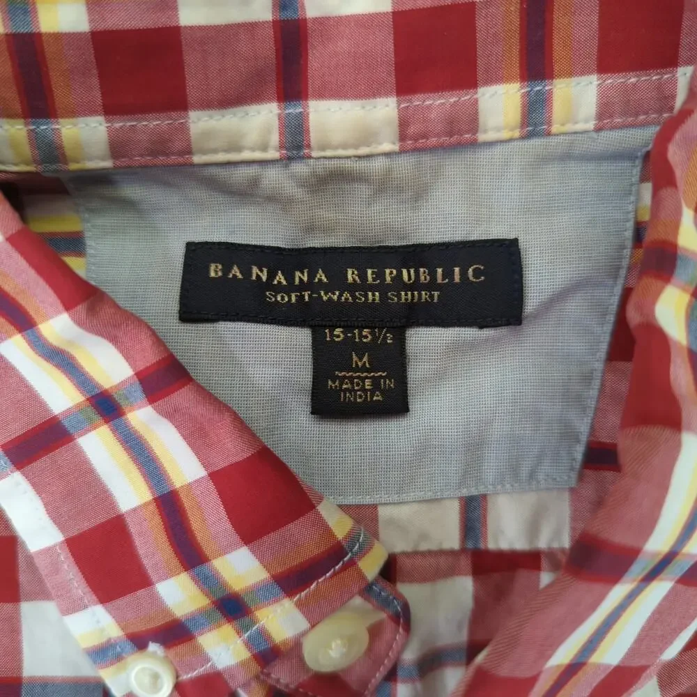 Banana Republic Soft Wash Shirt Red Plaid Button-down Oxford Mens Medium 15-15.5